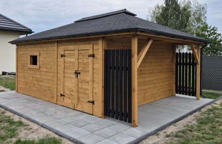 Domek narzędziowy Bambi 4x6m z drewutnią i lamelami